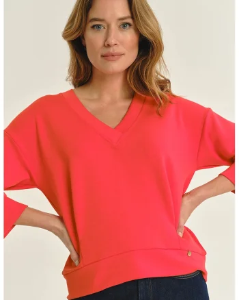Bluza cu decolteu in V si maneci trei sferturi, Rosu vermillion