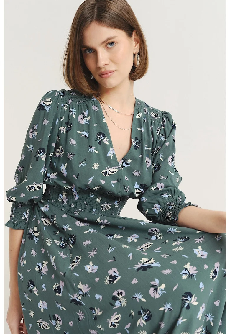 Rochie cu decolteu in V si model floral, Verde inchis/Lila