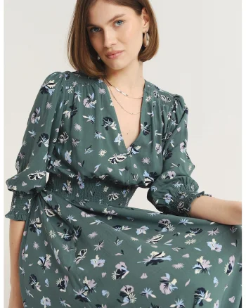 Rochie cu decolteu in V si model floral, Verde inchis/Lila