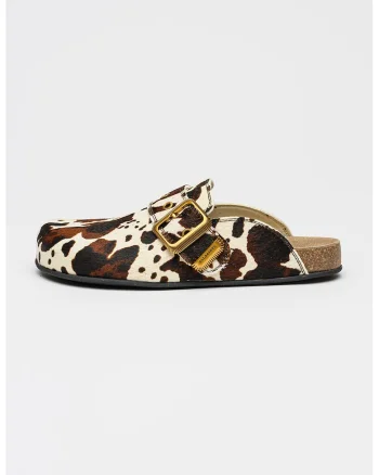 Saboti de piele cu animal print Staffa, Alb/Maro
