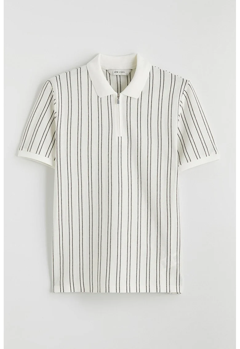 Tricou polo cu croiala slim-fit si dungi, Alb/Gri inchis
