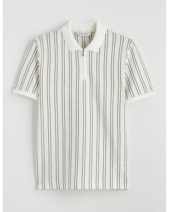 Tricou polo cu croiala slim-fit si dungi, Alb/Gri inchis