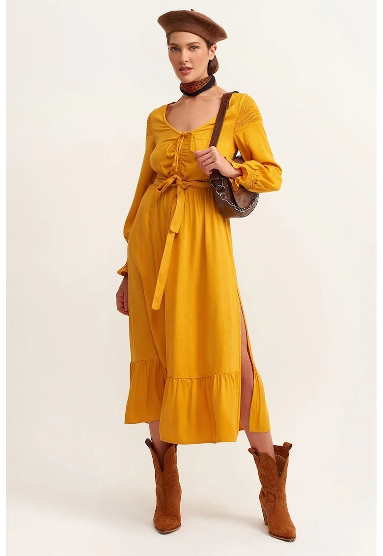 Rochie midi cu slituri laterale, Maro deschis