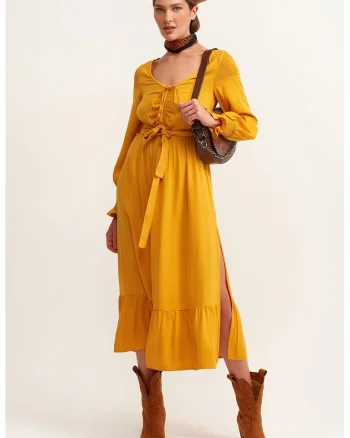 Rochie midi cu slituri laterale, Maro deschis