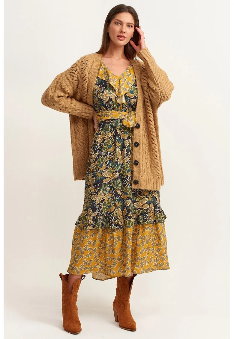 Rochie cu volane si imprimeu paisley, Albastru ultramarin/Galben mustar