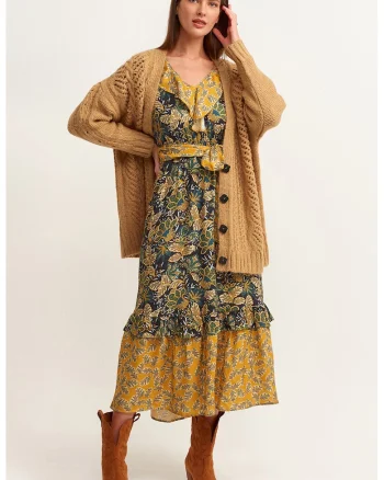 Rochie cu volane si imprimeu paisley, Albastru ultramarin/Galben mustar