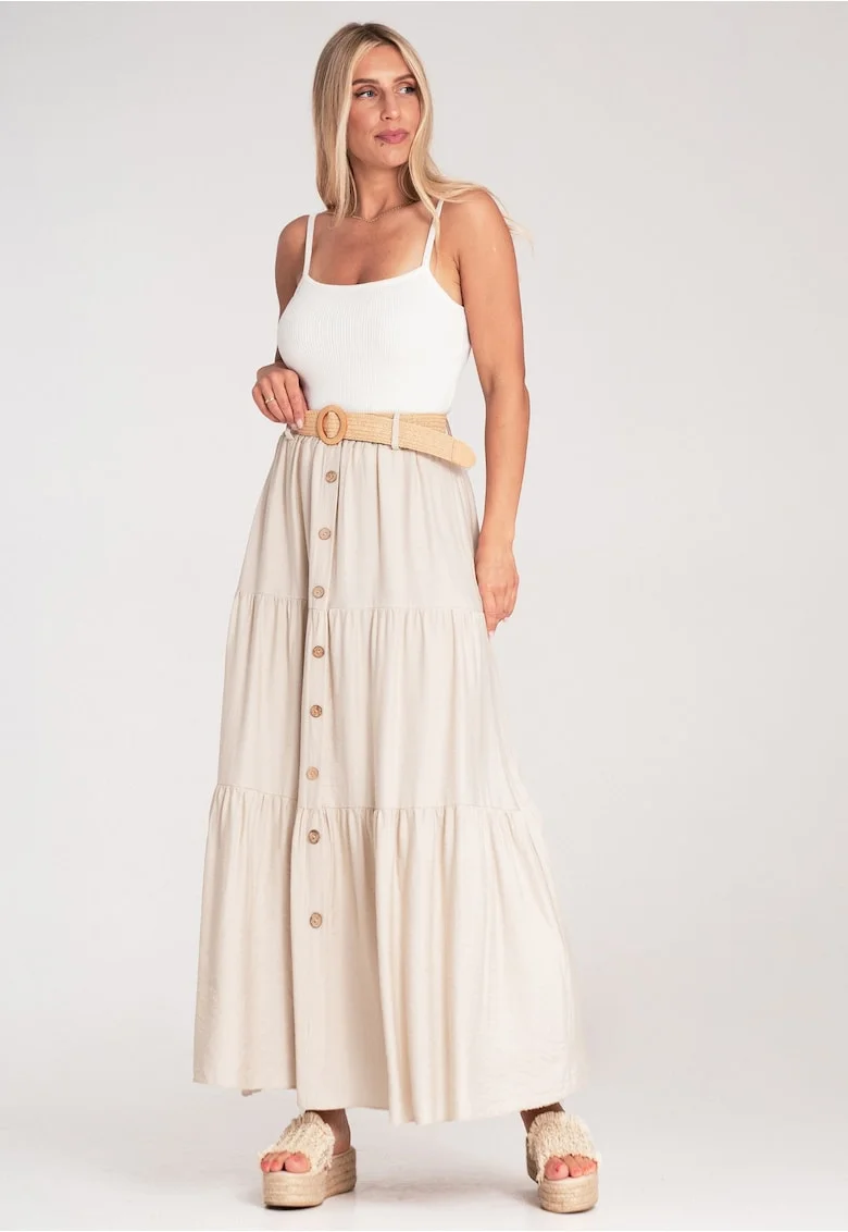 Fusta maxi  bej, bumbac, cu nasturi si volane, talie inalta, curea decorativa,