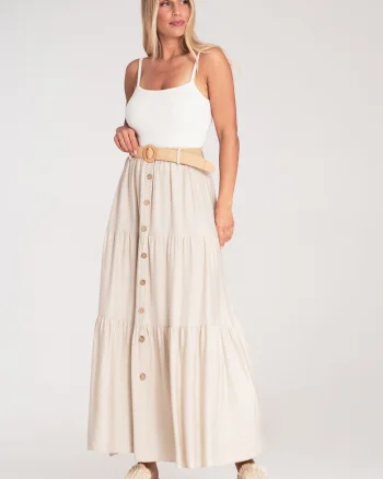 Fusta maxi  bej, bumbac, cu nasturi si volane, talie inalta, curea decorativa,