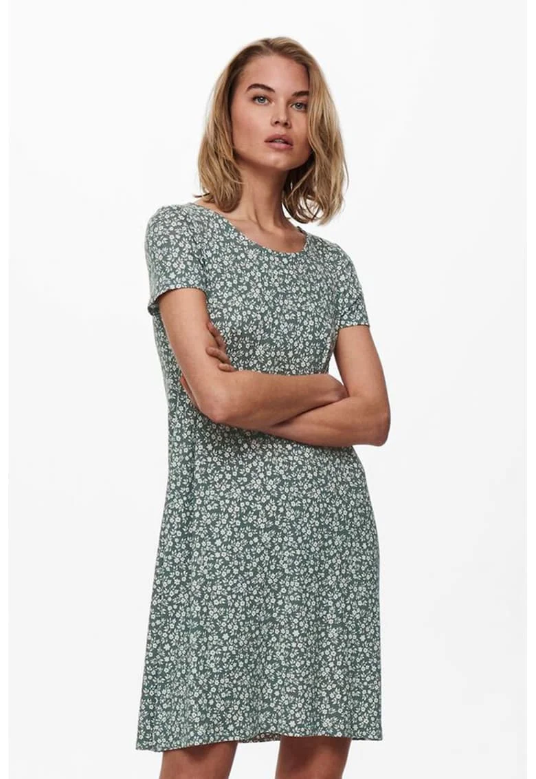 Rochie lejera cu imprimeu floral, Alb/Verde sparanghel