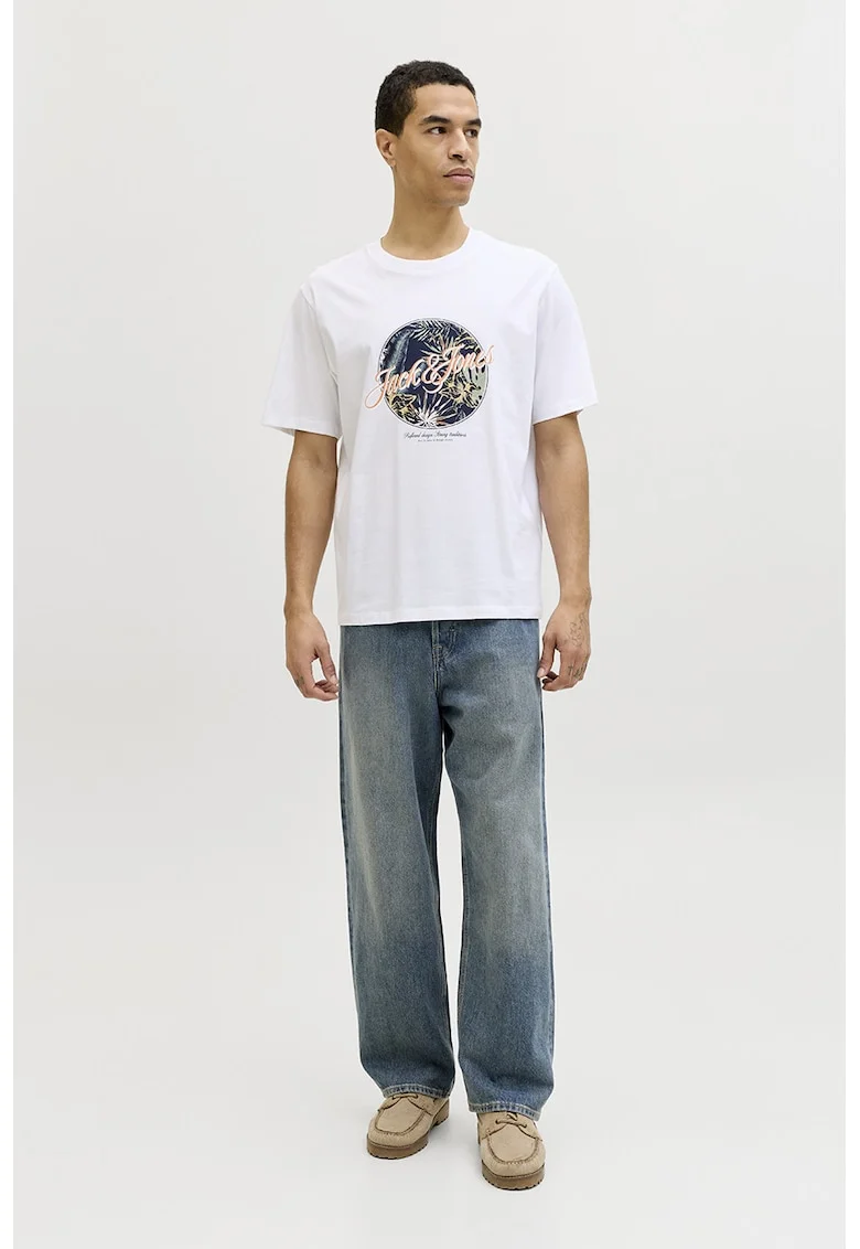 Tricou de bumbac cu imprimeu grafic si logo, Alb optic