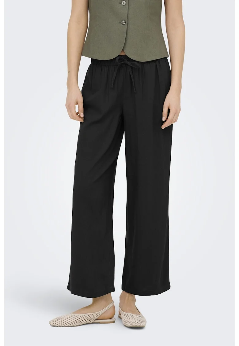 Pantaloni drepti din amestec de in cu snur, Negru