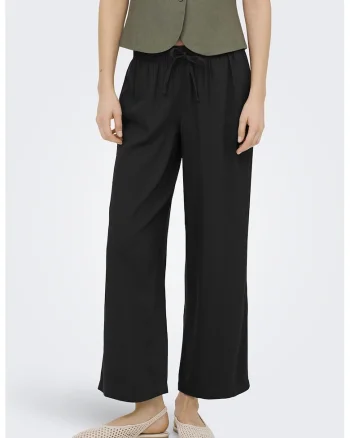 Pantaloni drepti din amestec de in cu snur, Negru