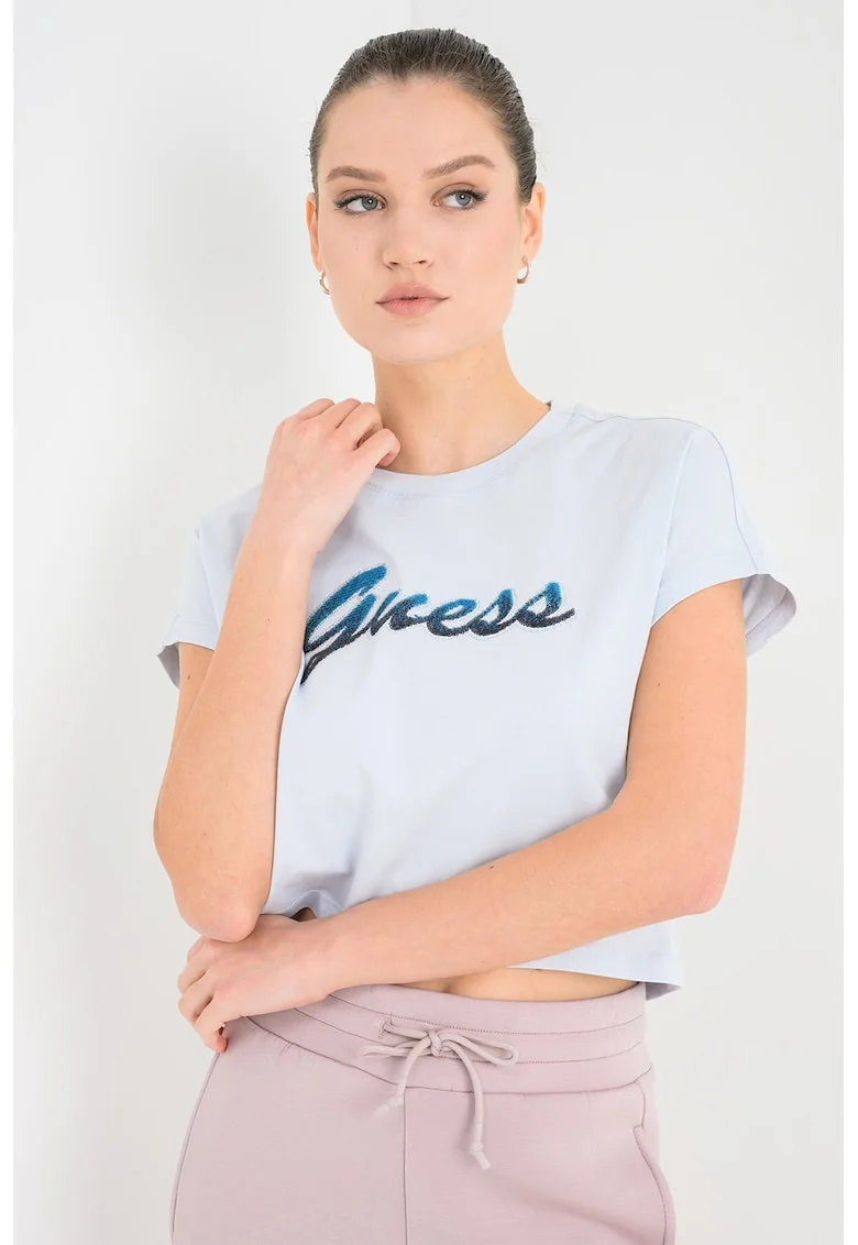 Tricou crop cu aplicatie logo, Albastru glaciar