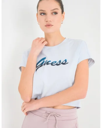 Tricou crop cu aplicatie logo, Albastru glaciar