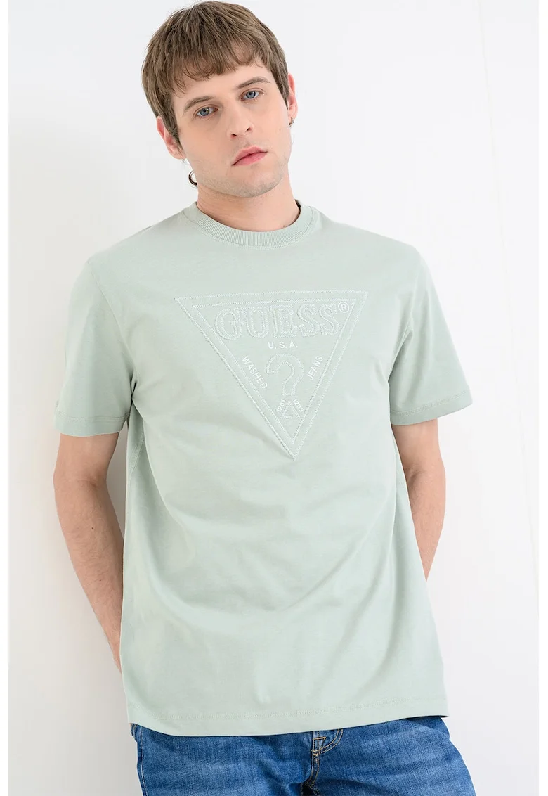 Tricou cu decolteu la baza gatului si logo, Verde pal
