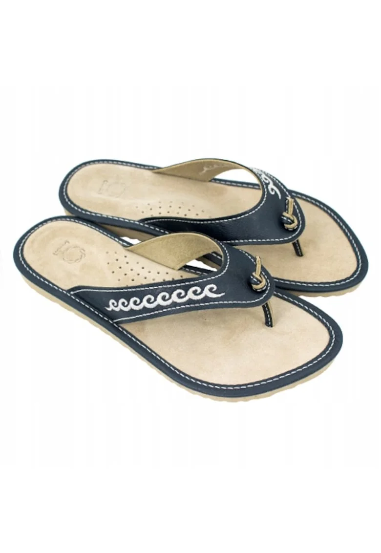 Papuci de dama, Piele, Crem/Bleumarin