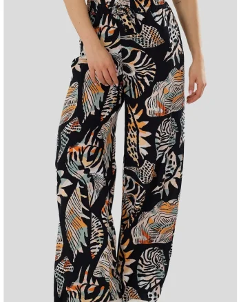 Pantaloni cu croiala ampla si talie inalta Poppy, Negru/Portocaliu/Bej