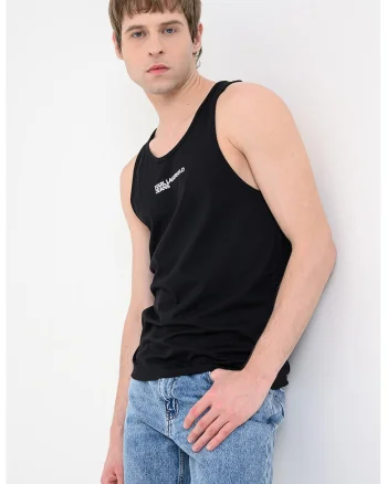 Tricou cu decolteu rotund si imprimeu logo, Negru