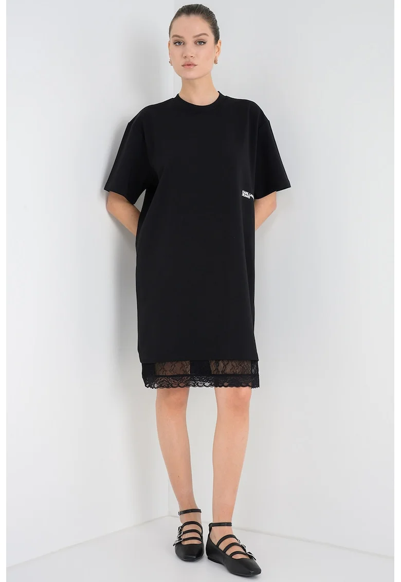 Rochie-tricou cu terminatie din dantela, Negru