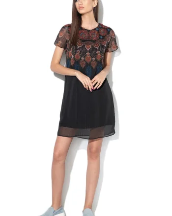 Rochie mini cu imprimeu floral Mexican, Negru