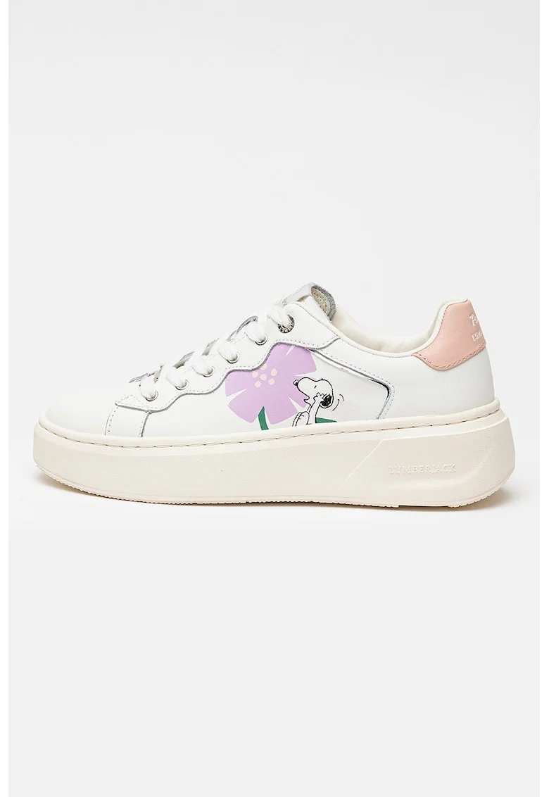 Pantofi sport din piele cu model cu Snoopy Queency, Alb/Roz pastel