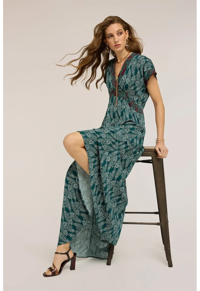 Rochie maxi cu decolteu in V, Alb/Verde persan