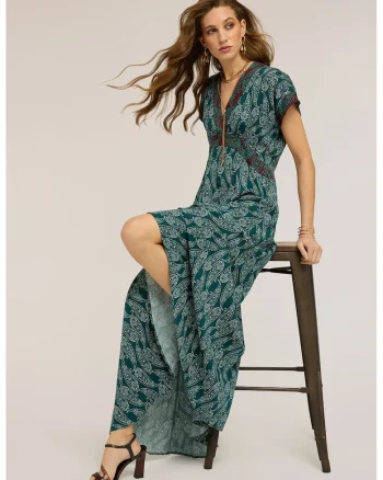 Rochie maxi cu decolteu in V, Alb/Verde persan