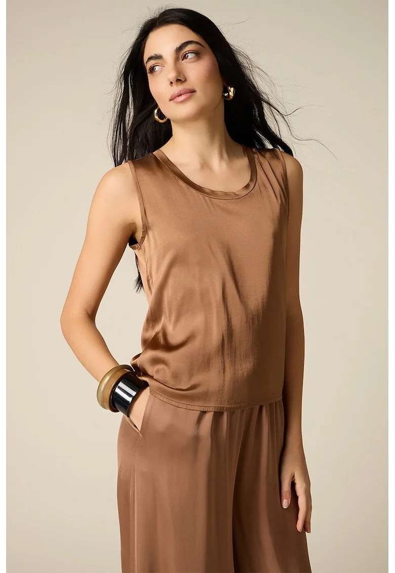 Bluza de satin cu decolteu rotund, Maro taupe deschis