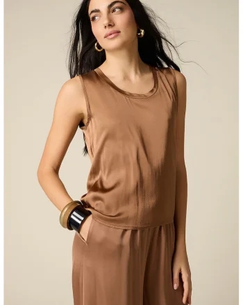 Bluza de satin cu decolteu rotund, Maro taupe deschis