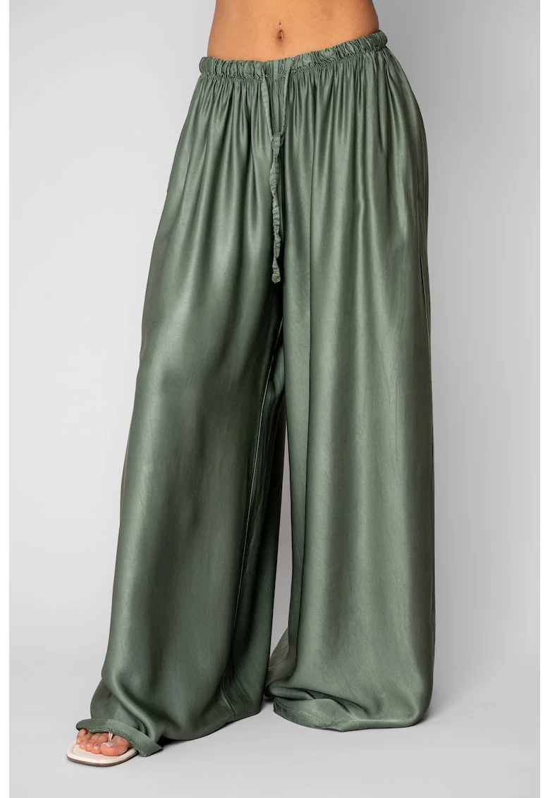 Pantaloni lung din mix de matase Verde masliniu deschis