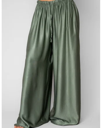 Pantaloni lung din mix de matase Verde masliniu deschis