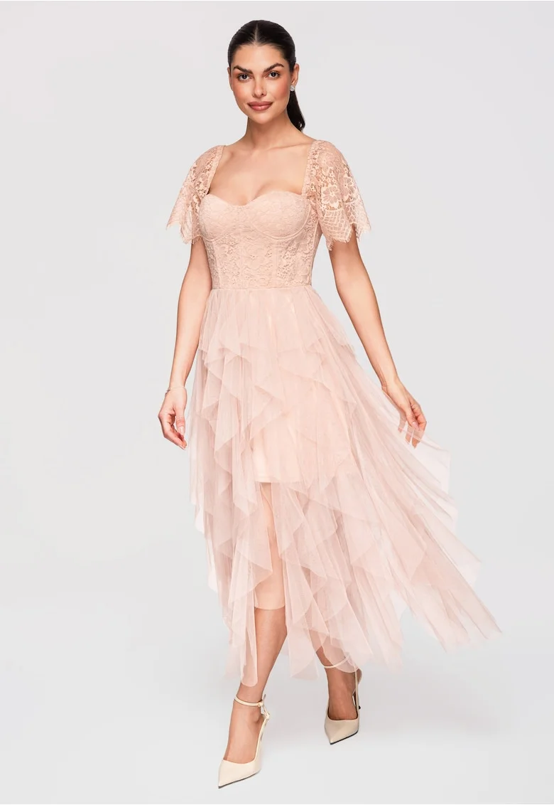 Rochie Cocktail Midi Dantela Florala Eleganta Croi Cloche, Nude