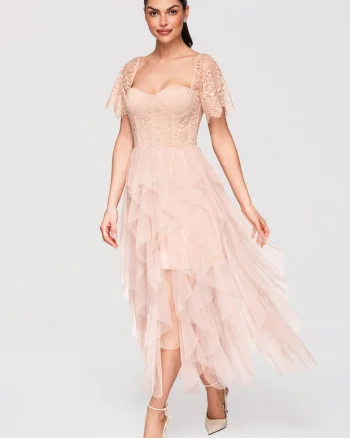 Rochie Cocktail Midi Dantela Florala Eleganta Croi Cloche, Nude