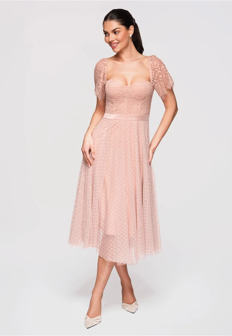 Rochie midi evazata, cu corset din dantela si tul, Nude