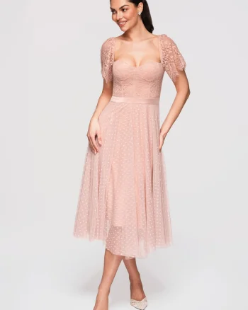 Rochie midi evazata, cu corset din dantela si tul, Nude