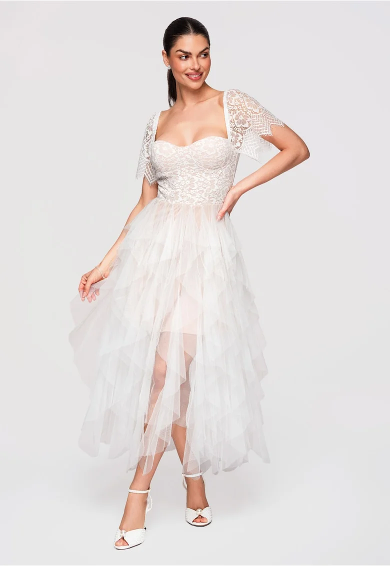 Rochie Cocktail Midi Dantela Florala Eleganta Croi Cloche, Alb
