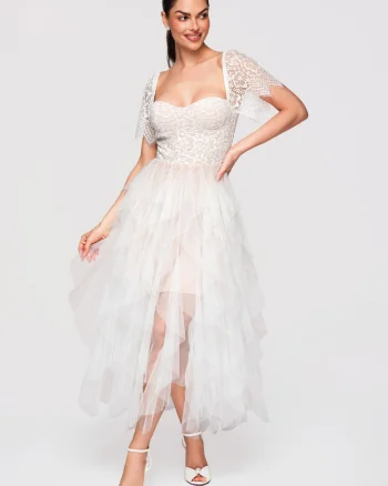 Rochie Cocktail Midi Dantela Florala Eleganta Croi Cloche, Alb