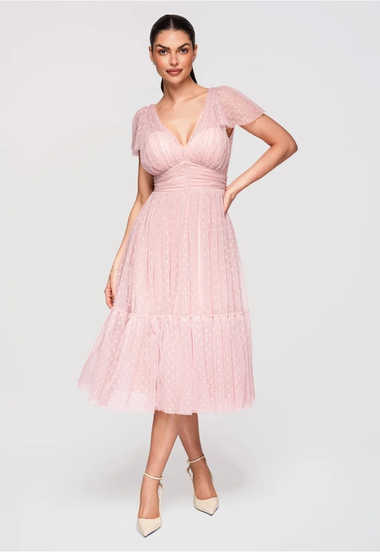 LARICA Rochie Midi Evazata, cu Decolteu in V si Tulle cu Model Delicat, Nude
