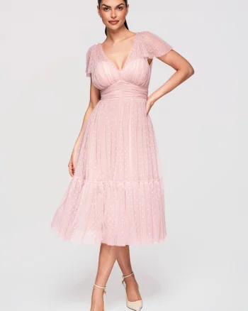 LARICA Rochie Midi Evazata, cu Decolteu in V si Tulle cu Model Delicat, Nude