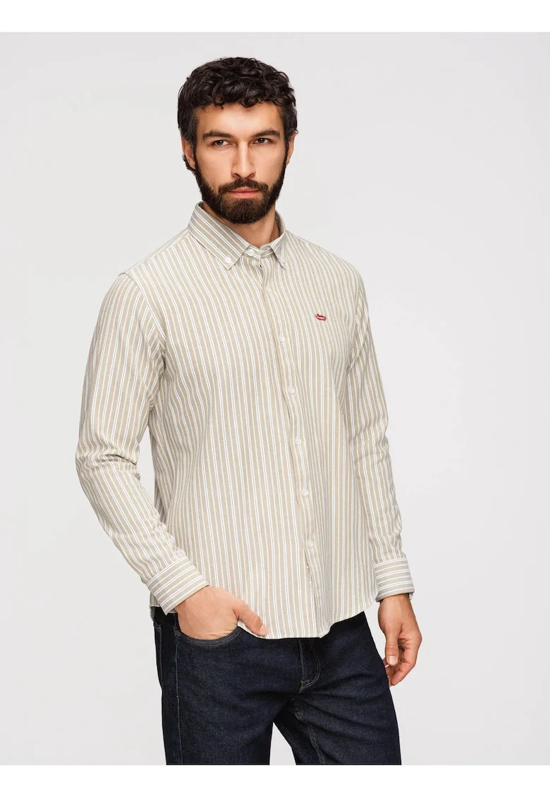 Camasa barbati, regular fit, bumbac 100%, cu guler button-down si model in dungi, Bej