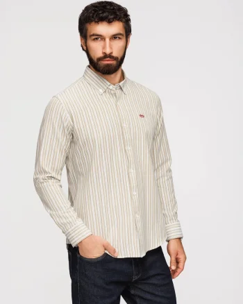 Camasa barbati, regular fit, bumbac 100%, cu guler button-down si model in dungi, Bej