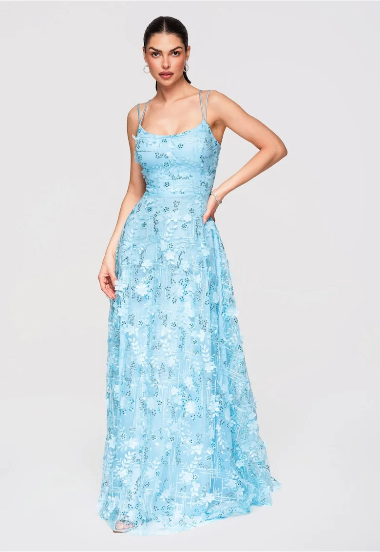 Rochie Maxi de Seara cu Aplicatii Florale 3D si Paiete, Croiala Evazata, Albastru