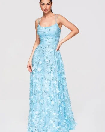 Rochie Maxi de Seara cu Aplicatii Florale 3D si Paiete, Croiala Evazata, Albastru