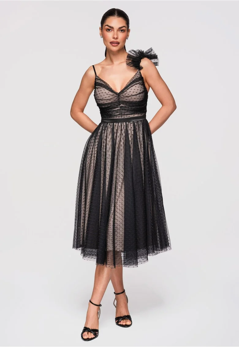 LARICA Rochie Cocktail Midi Evazata cu Aplicatie din Tulle si Decolteu in V, Negru