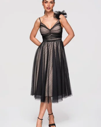 LARICA Rochie Cocktail Midi Evazata cu Aplicatie din Tulle si Decolteu in V, Negru