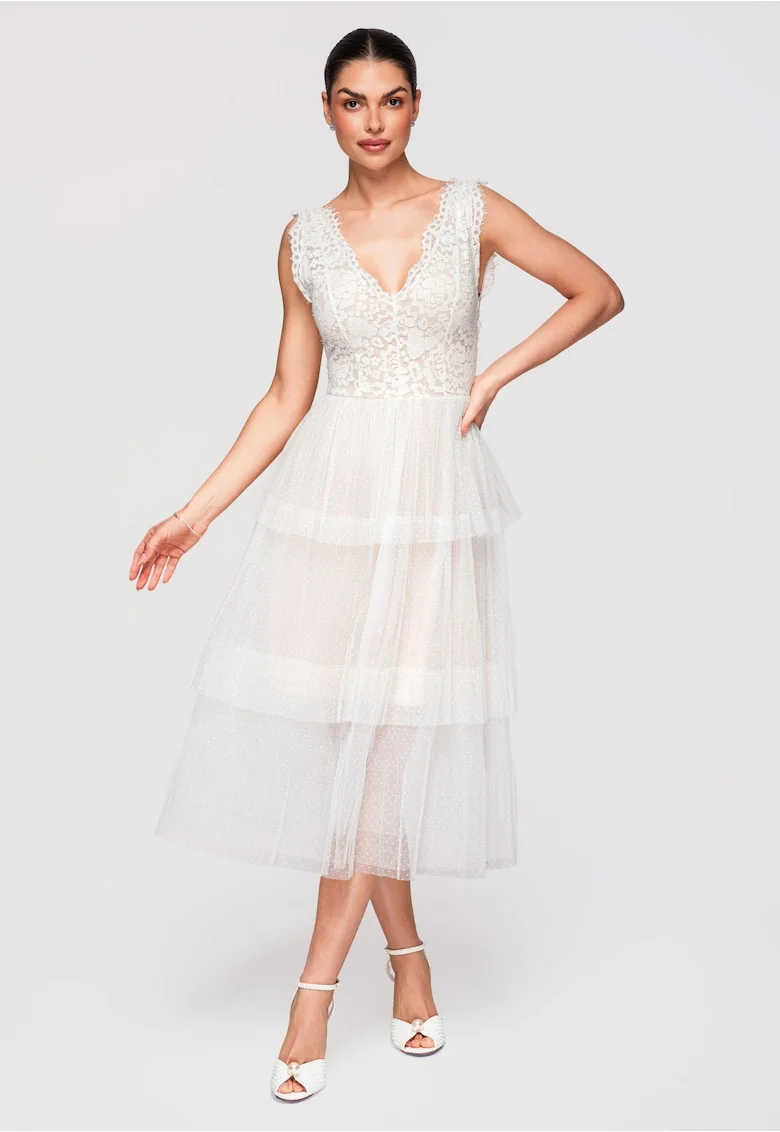 Rochie Cocktail Midi Dantela si Tulle Eleganta, Croiala Fit & Flare, Alb