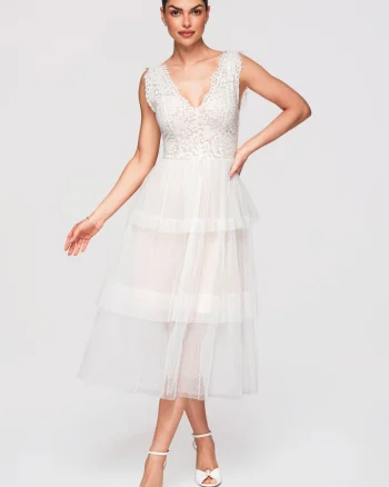 Rochie Cocktail Midi Dantela si Tulle Eleganta, Croiala Fit & Flare, Alb