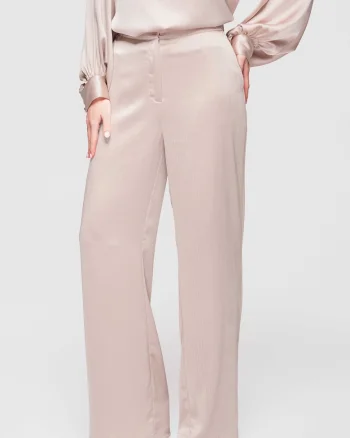 Pantaloni Dama Eleganti cu Talie Medie si Croiala Larga din Satin, Bej