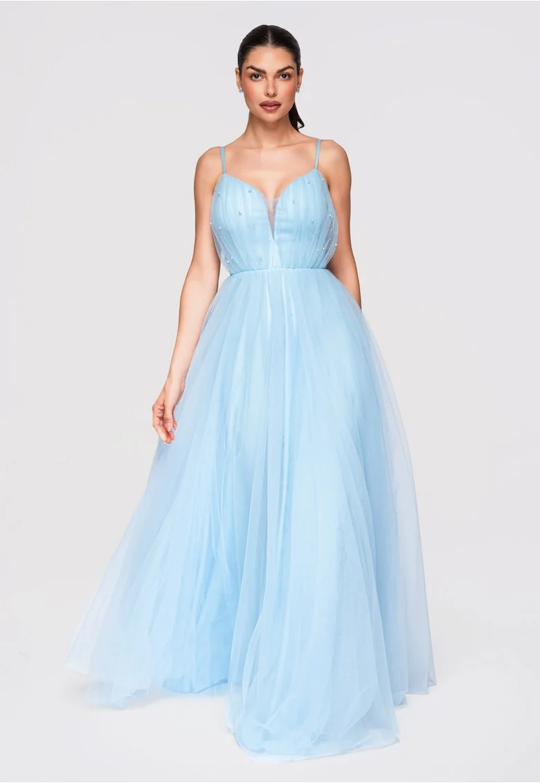 Rochie Maxi Eleganta, Croiala Clos, Detalii Tulle si Aplicatii Delicate, Albastru