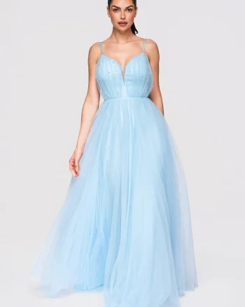 Rochie Maxi Eleganta, Croiala Clos, Detalii Tulle si Aplicatii Delicate, Albastru